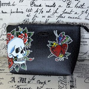 Ed Hardy Black Pouch with Skull and Heart Motif